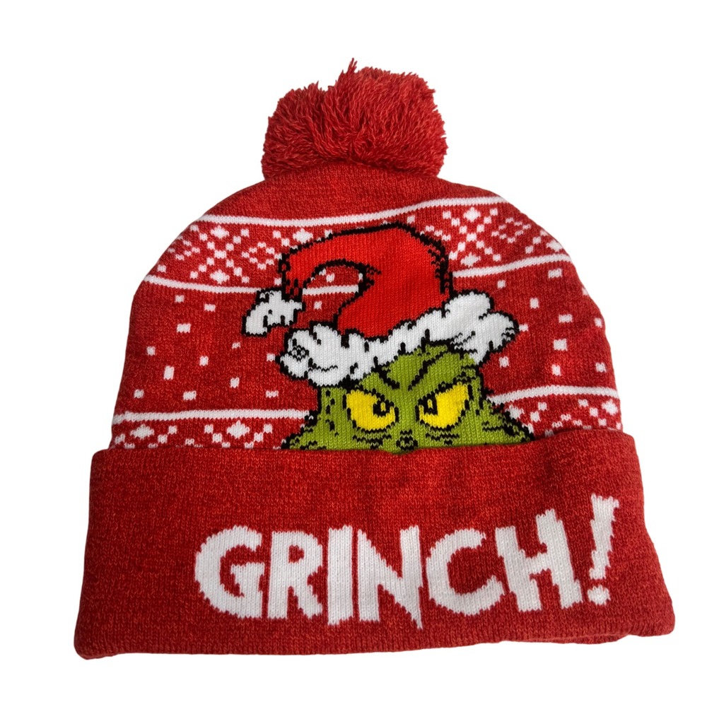Dr Seuss The Grinch Christmas Beanie Youth Red Pom Pom Winter Hat Holiday Cozy‎